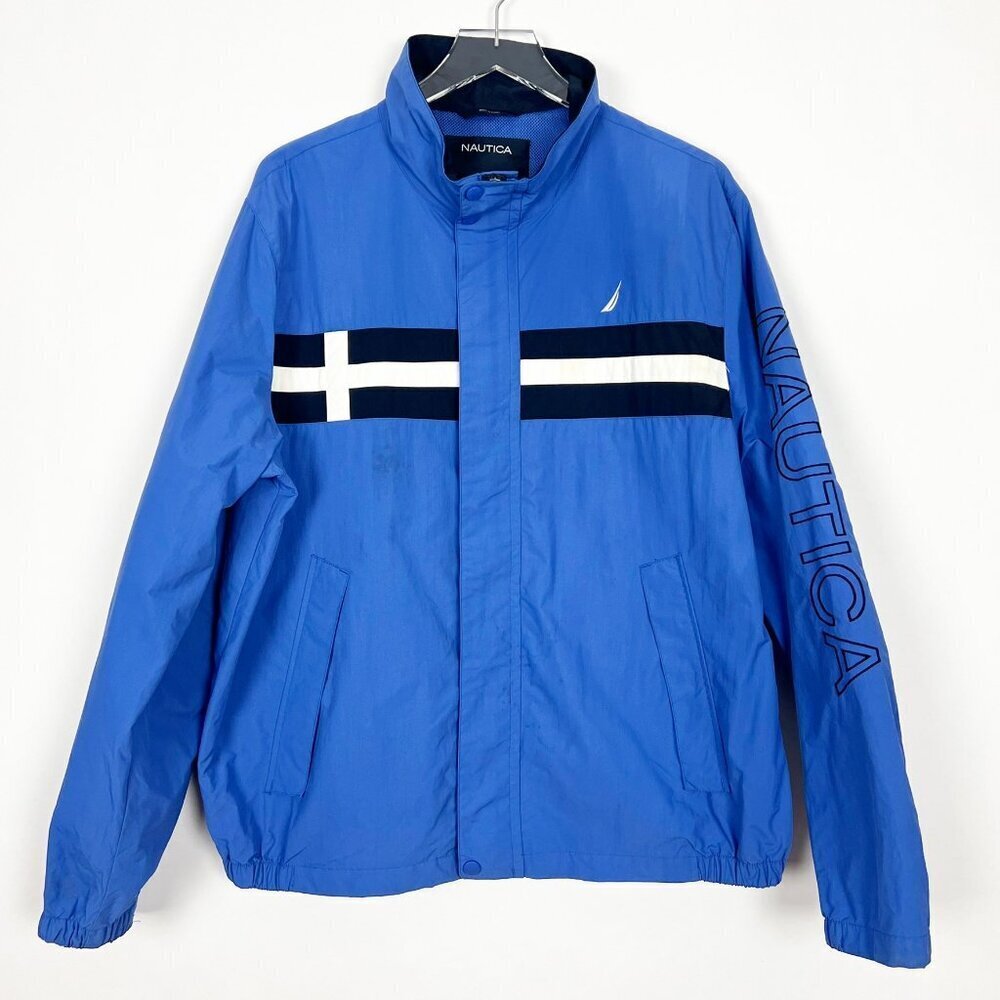 Nautica Windbreaker Men's Size L Blue Black Vintage Jacket 1990's Spell-Out
